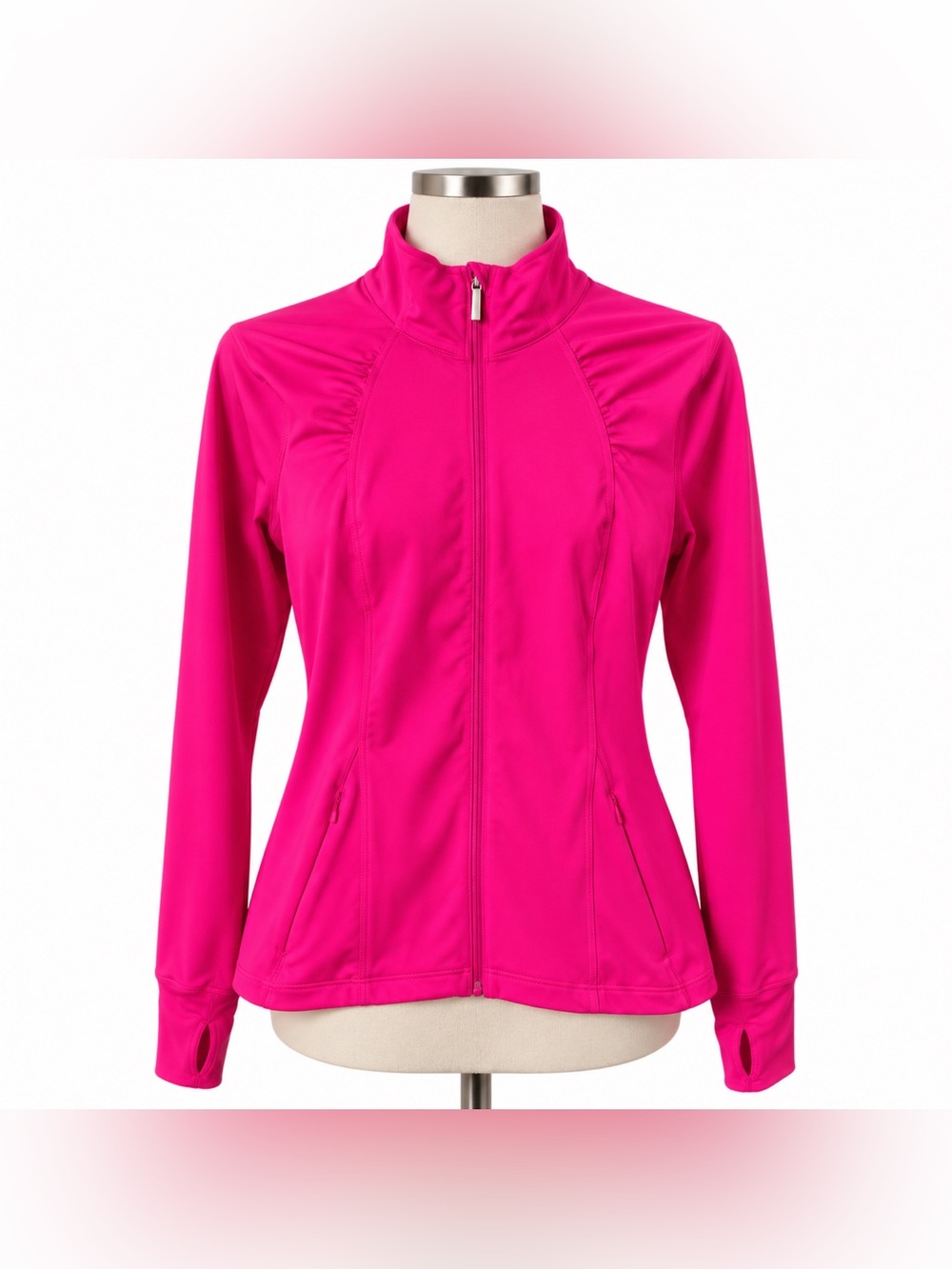 Under Armour Pink Full Zip Athleisure Jacket Thumb Holes Ruching Yoga Workout Sm